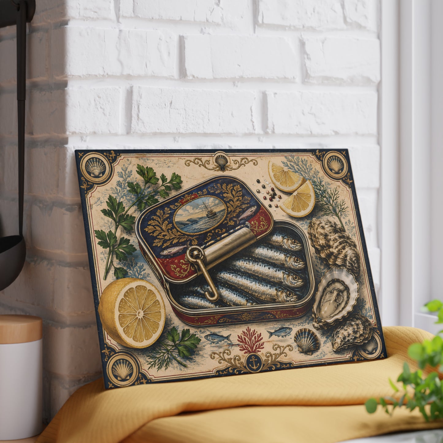 Vintage Sardine Tin Illustration Glass Cutting Board | Seafood Kitchen Art