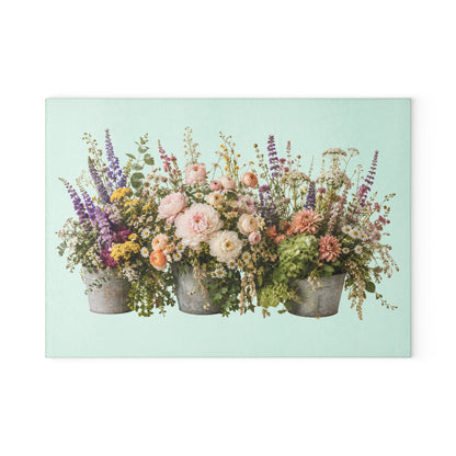 Vintage Floral Bouquet Glass Cutting Board | Wildflower Arrangement, Pastel Flowers