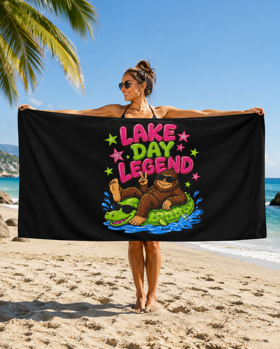 Lake Day Bigfoot on Alligator Floatie Beach Towel | Funny Summer Beach Towel