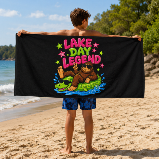 Lake Day Bigfoot on Alligator Floatie Beach Towel | Funny Summer Beach Towel