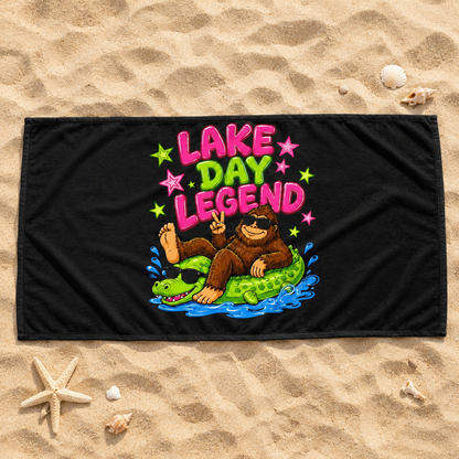 Lake Day Bigfoot on Alligator Floatie Beach Towel | Funny Summer Beach Towel