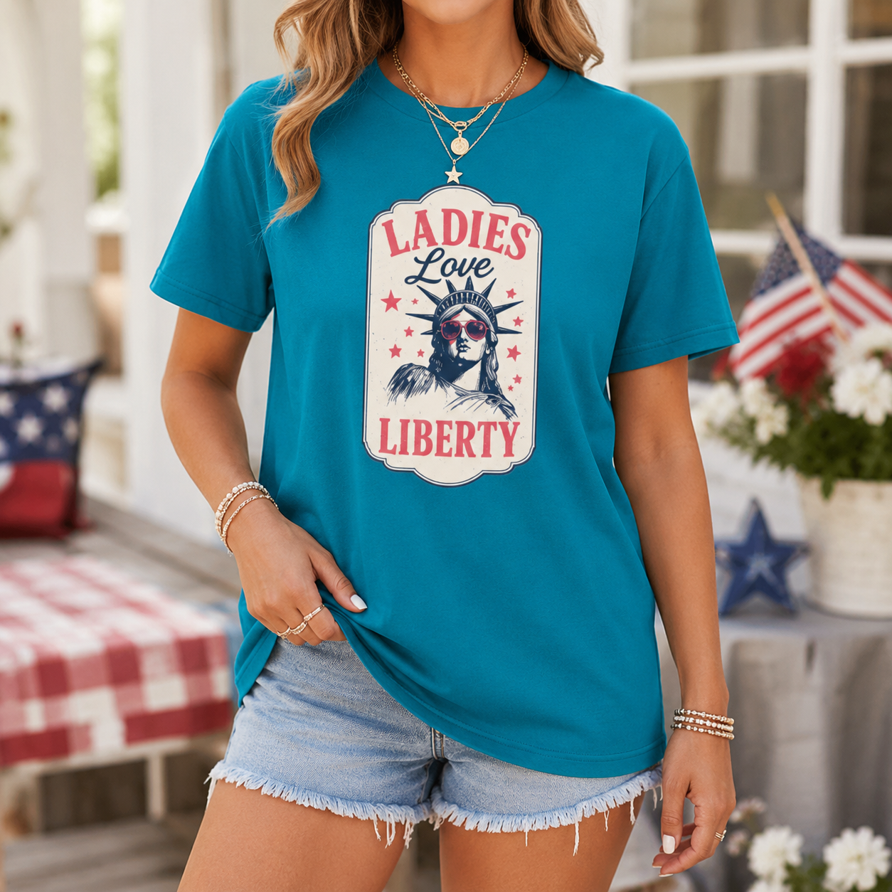 Ladies Love Liberty Statue of Liberty Tee — Fourth of July Independence Day
