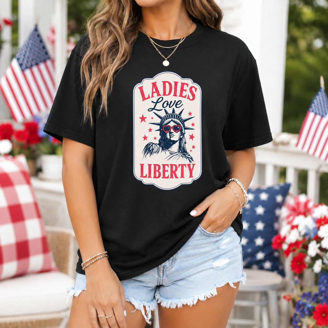Ladies Love Liberty Statue of Liberty Tee — Fourth of July Independence Day