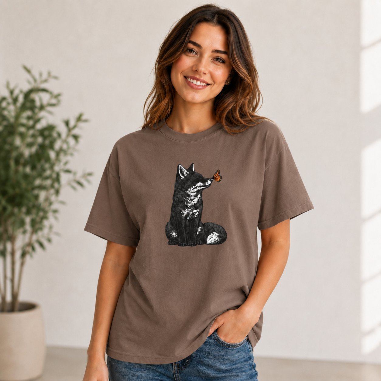 Butterfly Kissing Fox T-Shirt | Fox and Butterfly Illustration Tee