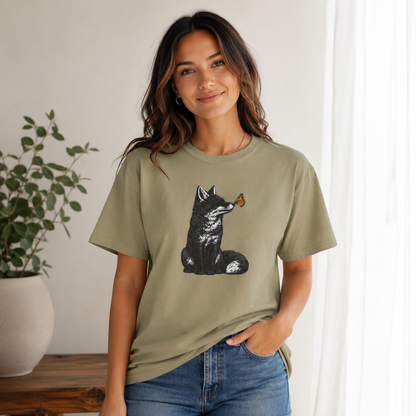 Butterfly Kissing Fox T-Shirt | Fox and Butterfly Illustration Tee