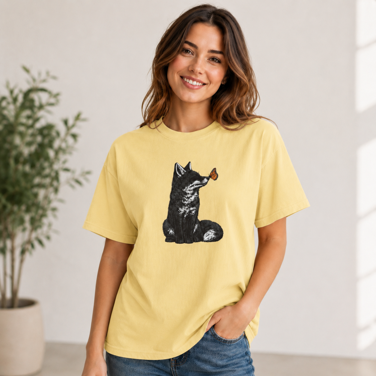 Butterfly Kissing Fox T-Shirt | Fox and Butterfly Illustration Tee