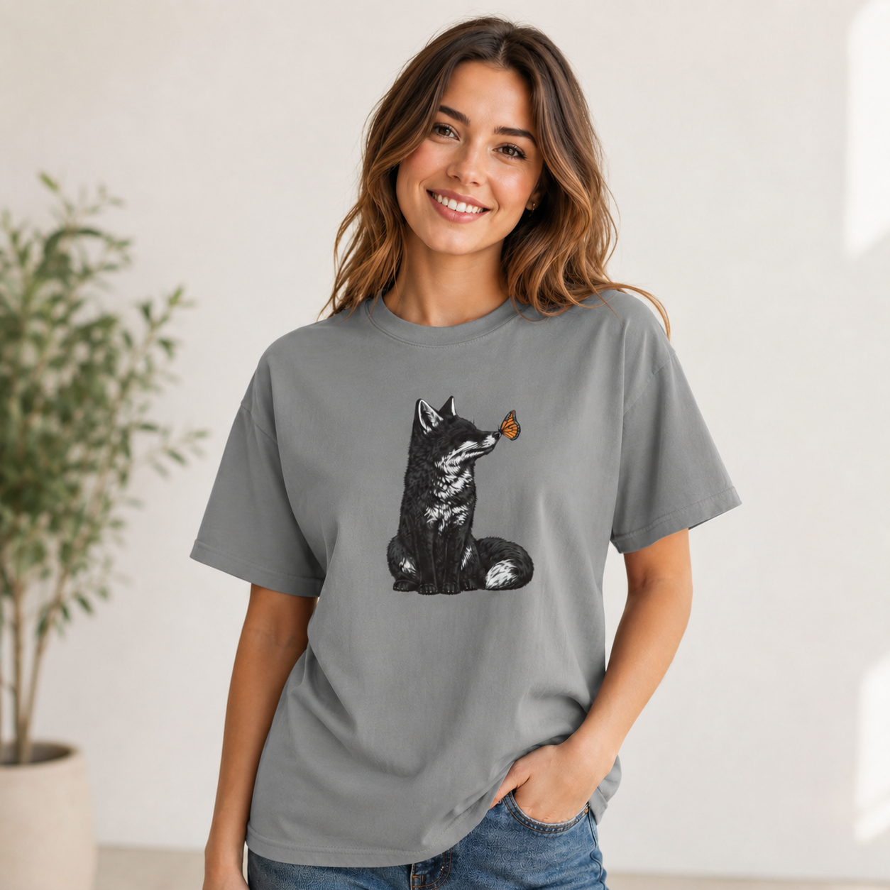 Butterfly Kissing Fox T-Shirt | Fox and Butterfly Illustration Tee