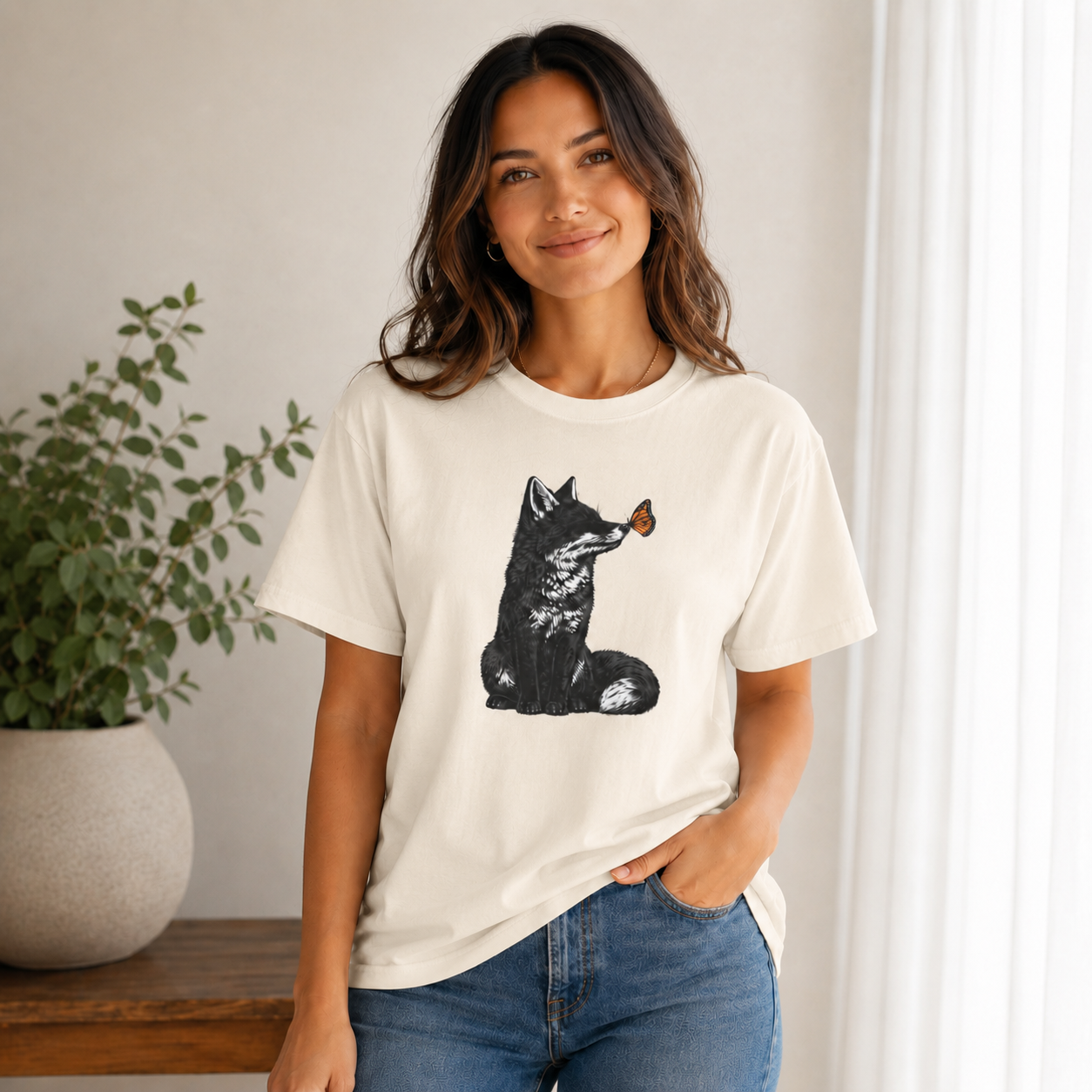 Butterfly Kissing Fox T-Shirt | Fox and Butterfly Illustration Tee