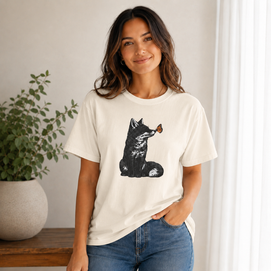 Butterfly Kissing Fox T-Shirt | Fox and Butterfly Illustration Tee