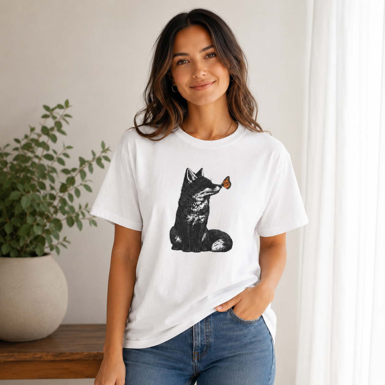 Butterfly Kissing Fox T-Shirt | Fox and Butterfly Illustration Tee