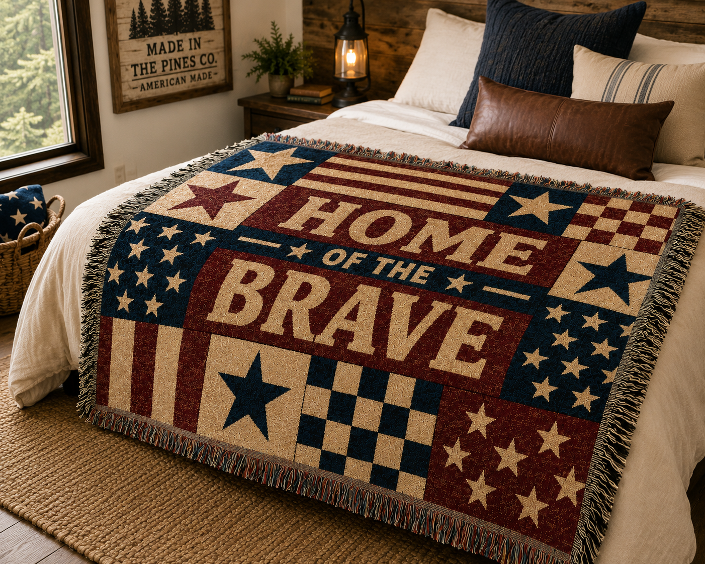 Vintage American Flag Americana Throw Blanket | Patriotic Red White Blue USA Woven Blanket