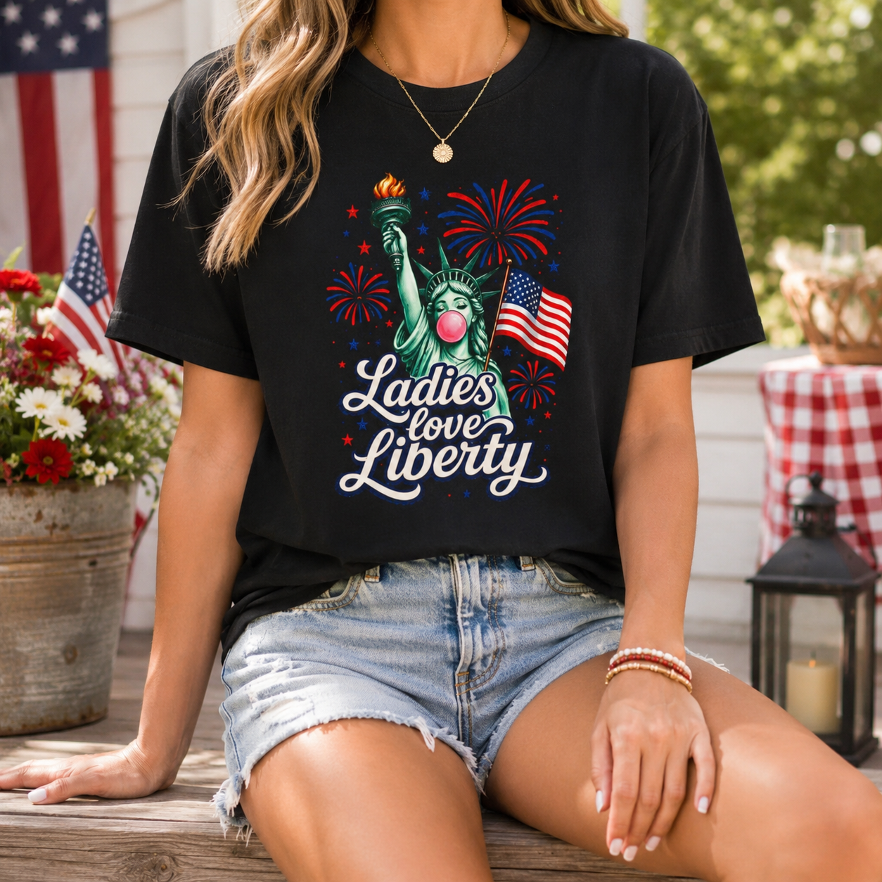 Ladies Love Liberty Statue of Liberty T-Shirt | American Flag Fireworks