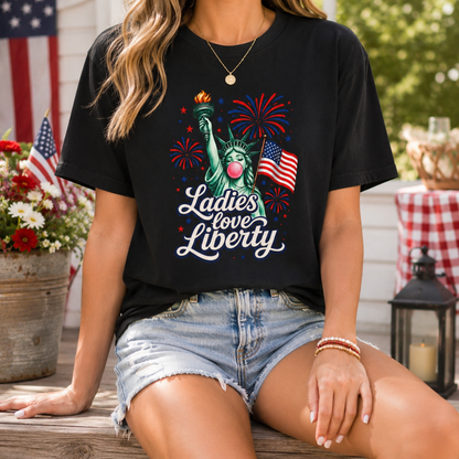 Ladies Love Liberty Statue of Liberty T-Shirt | American Flag Fireworks
