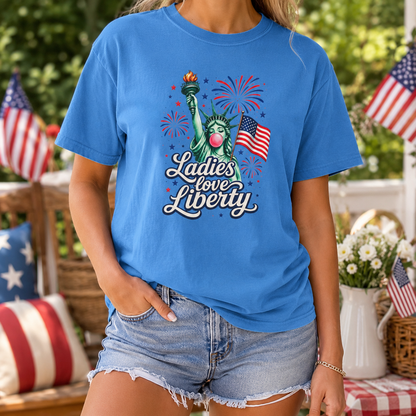 Ladies Love Liberty Statue of Liberty T-Shirt | American Flag Fireworks