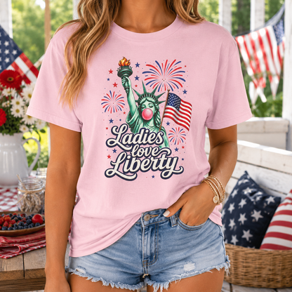 Ladies Love Liberty Statue of Liberty T-Shirt | American Flag Fireworks
