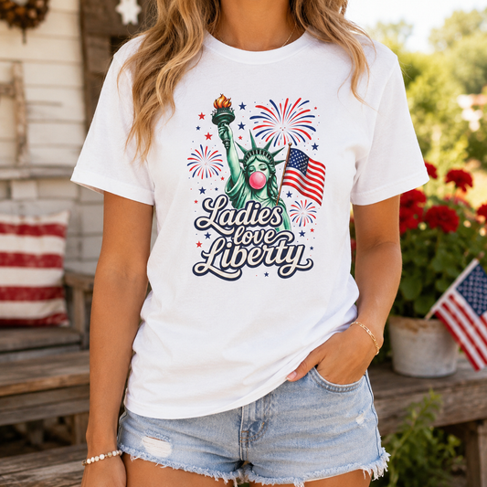 Ladies Love Liberty Statue of Liberty T-Shirt | American Flag Fireworks