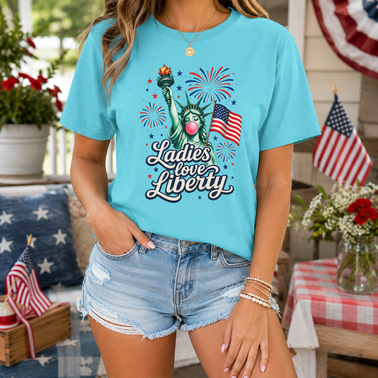 Ladies Love Liberty Statue of Liberty T-Shirt | American Flag Fireworks