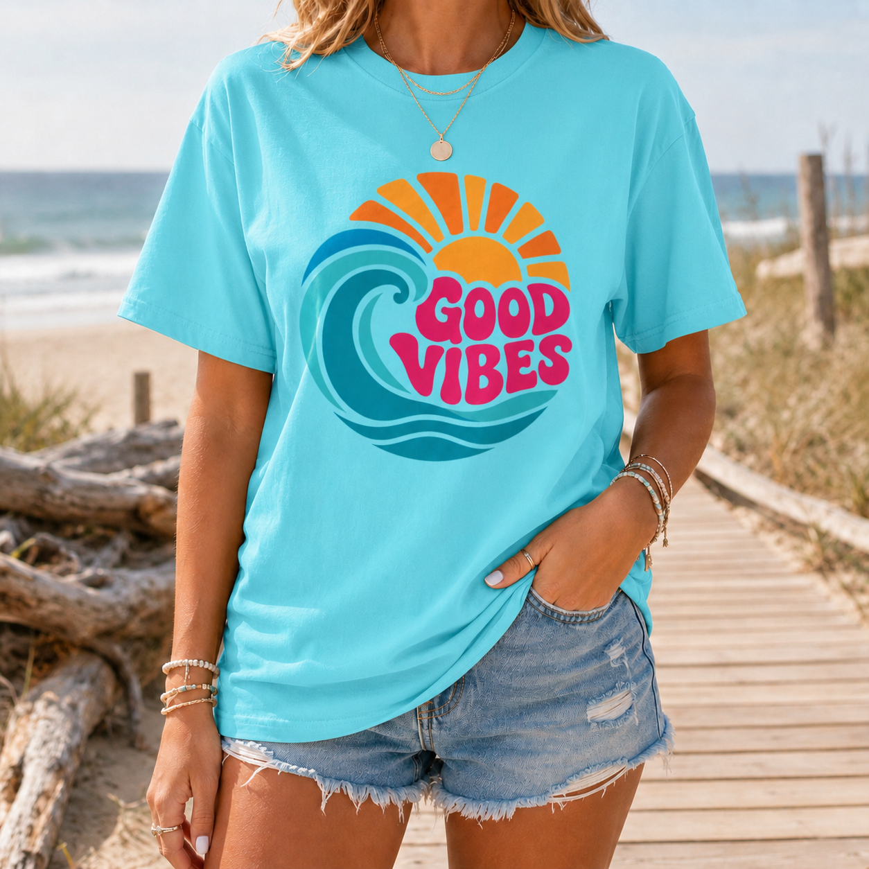 Good Vibes Ocean Retro Beach Graphic T-shirt | Summer Wave Coastal Vacation Tee