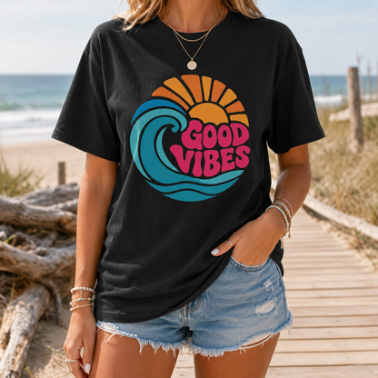Good Vibes Ocean Retro Beach Graphic T-shirt | Summer Wave Coastal Vacation Tee