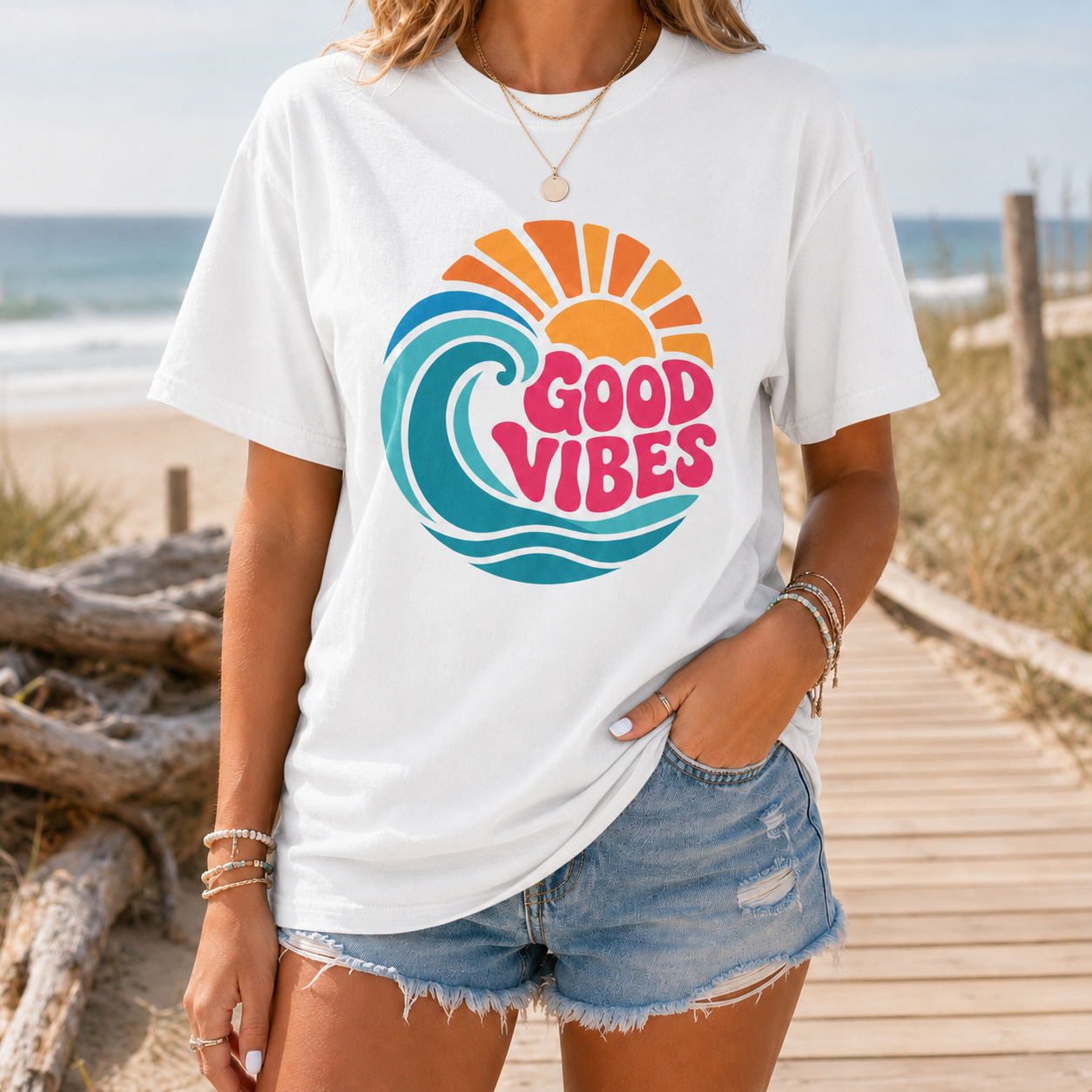Good Vibes Ocean Retro Beach Graphic T-shirt | Summer Wave Coastal Vacation Tee