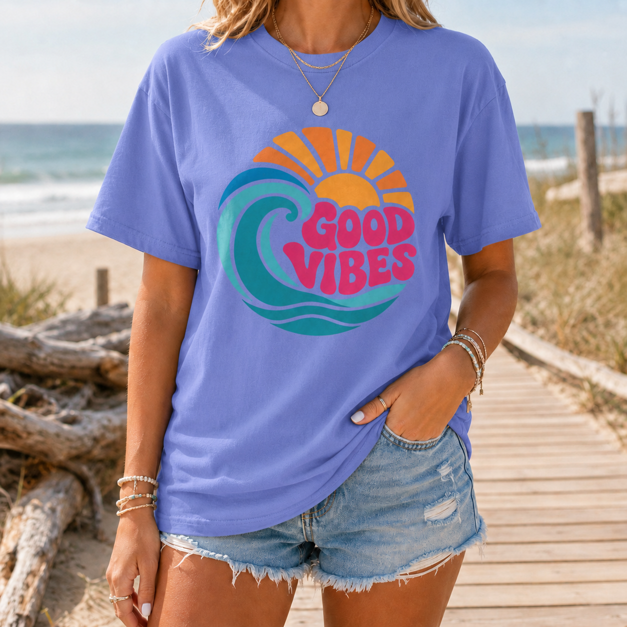 Good Vibes Ocean Retro Beach Graphic T-shirt | Summer Wave Coastal Vacation Tee