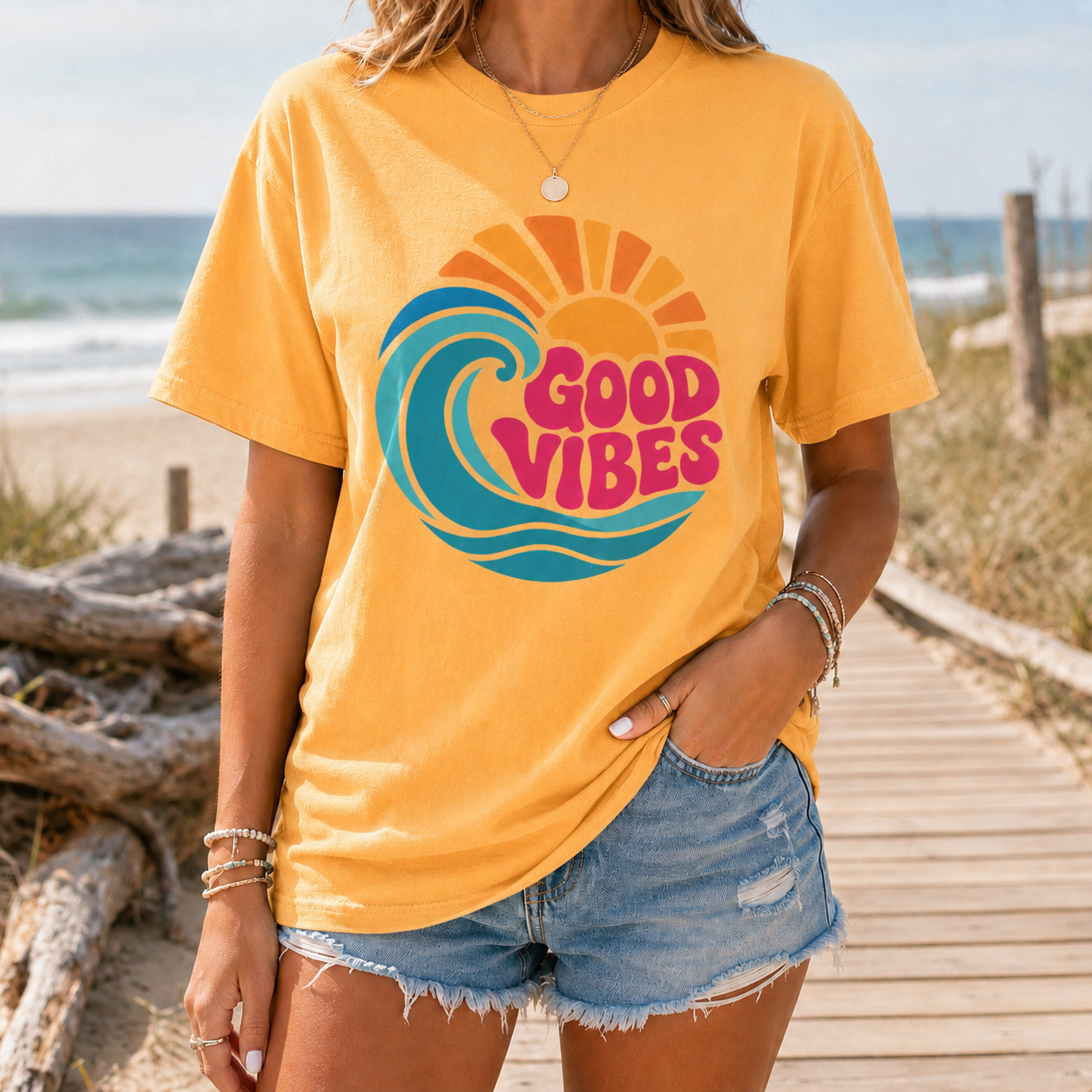 Good Vibes Ocean Retro Beach Graphic T-shirt | Summer Wave Coastal Vacation Tee