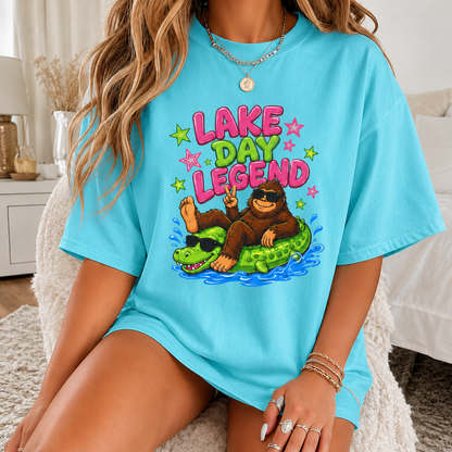 Lake Day Legend Bigfoot on Alligator Floatie T-Shirt