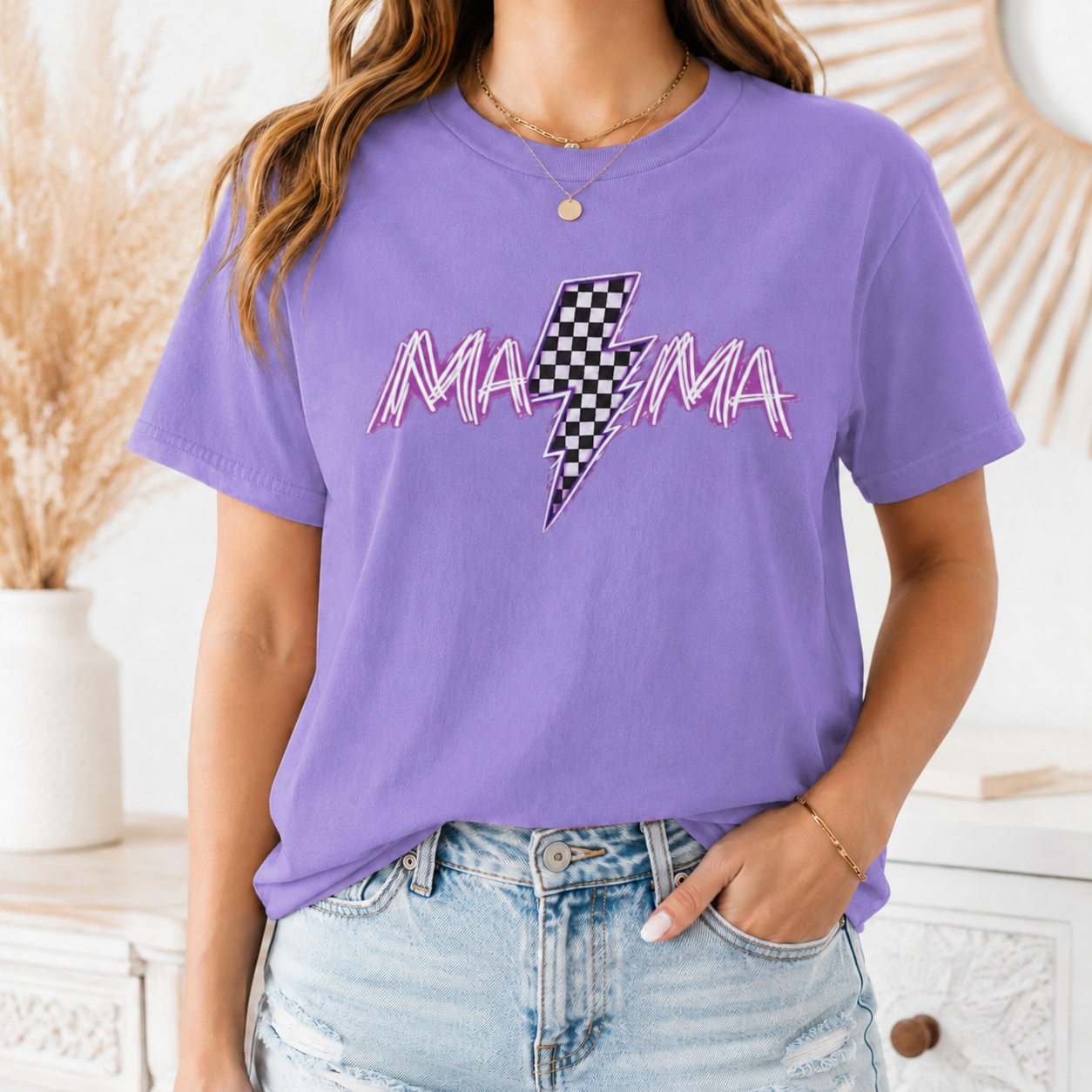 Mama Lightning Bolt T-Shirt — Retro Pink Script Checkerboard Bolt