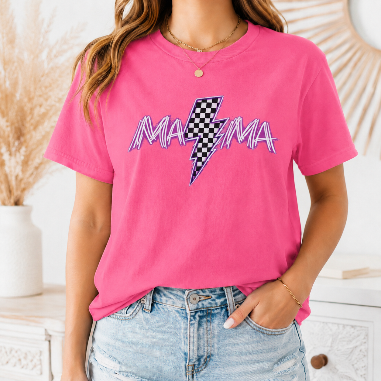 Mama Lightning Bolt T-Shirt — Retro Pink Script Checkerboard Bolt