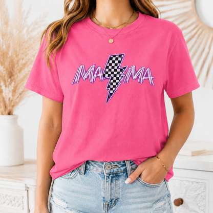 Mama Lightning Bolt T-Shirt — Retro Pink Script Checkerboard Bolt