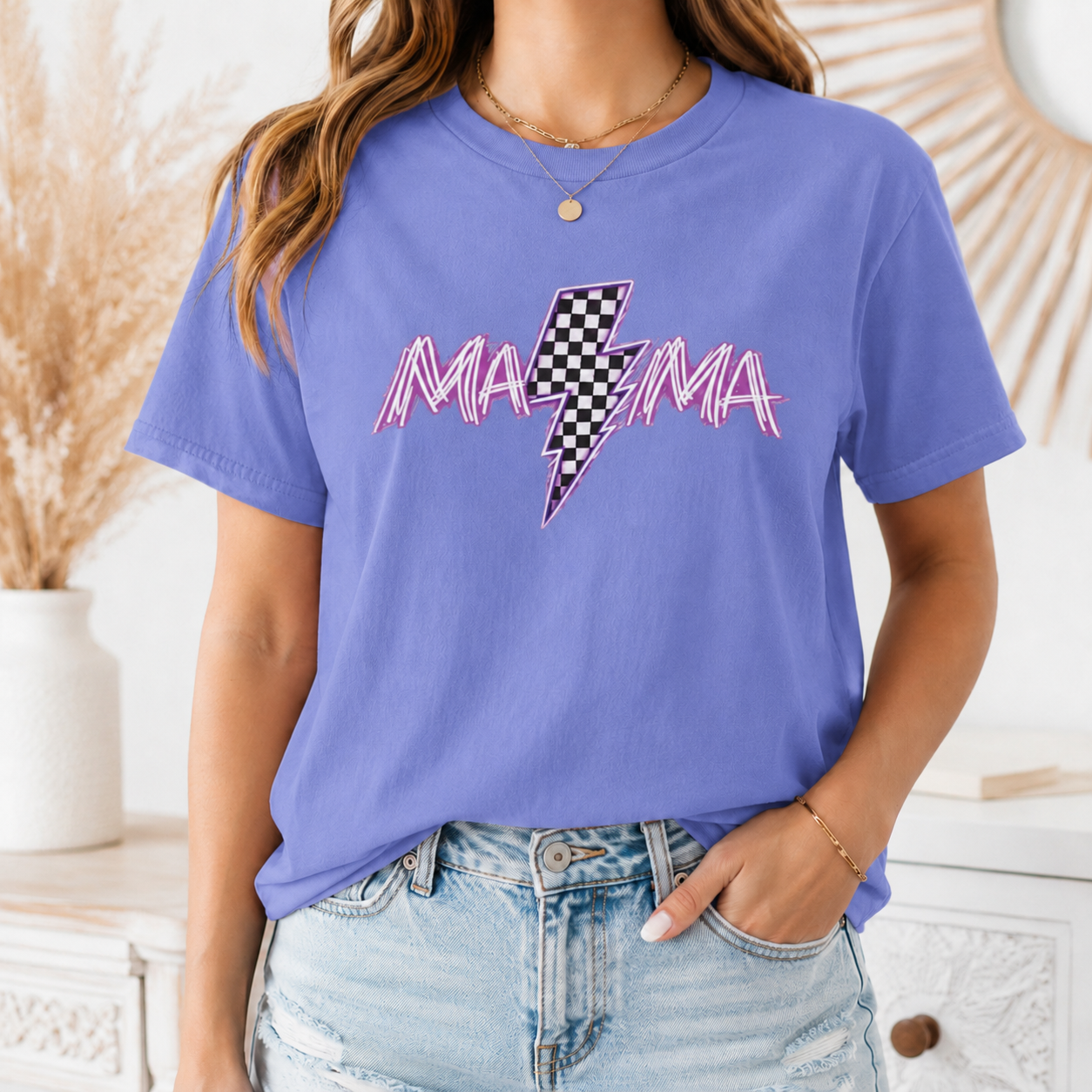 Mama Lightning Bolt T-Shirt — Retro Pink Script Checkerboard Bolt