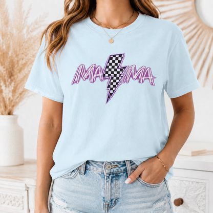 Mama Lightning Bolt T-Shirt — Retro Pink Script Checkerboard Bolt