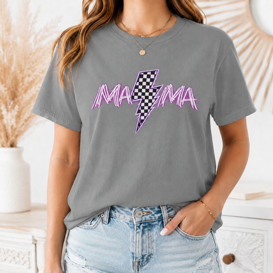 Mama Lightning Bolt T-Shirt — Retro Pink Script Checkerboard Bolt