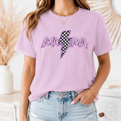 Mama Lightning Bolt T-Shirt — Retro Pink Script Checkerboard Bolt