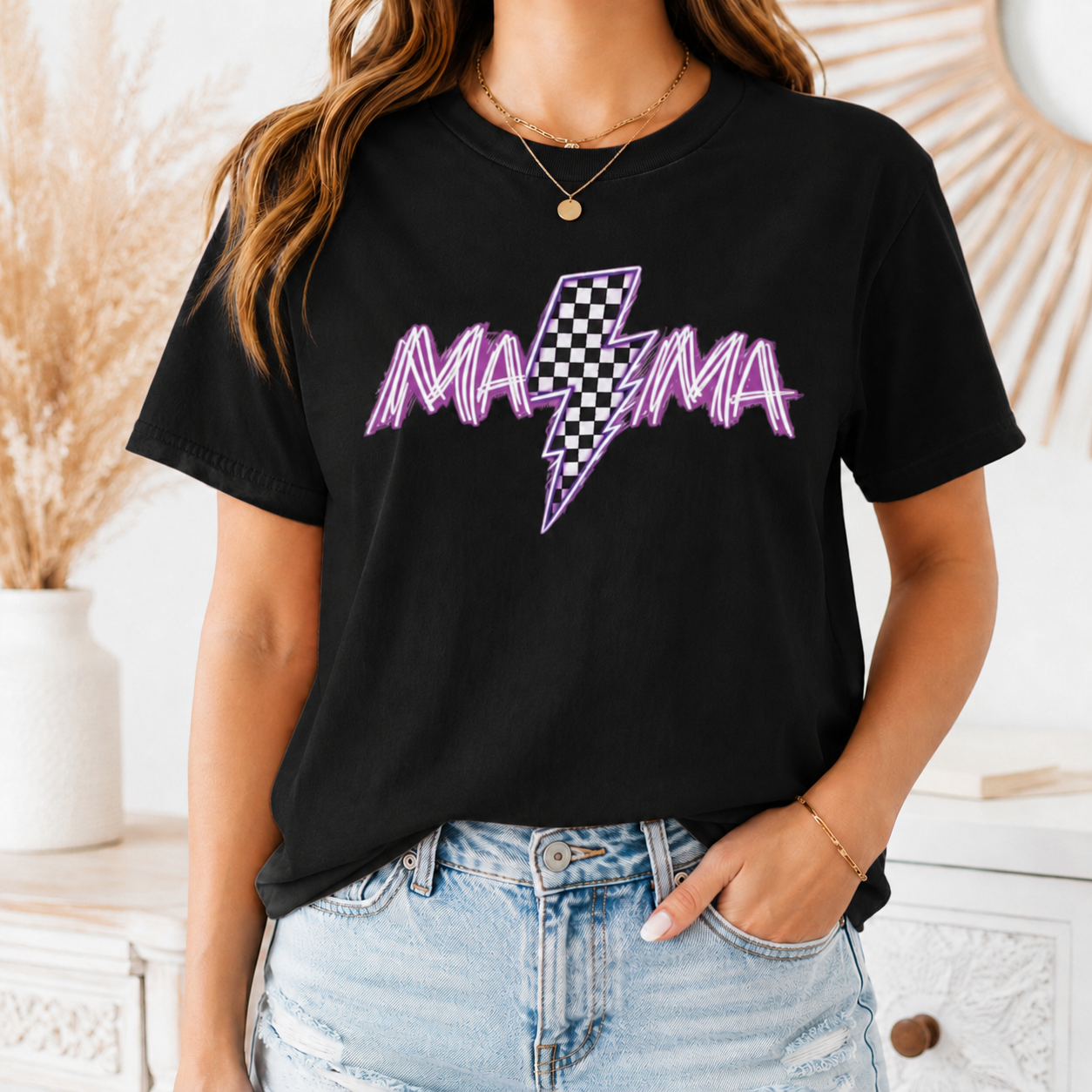Mama Lightning Bolt T-Shirt — Retro Pink Script Checkerboard Bolt