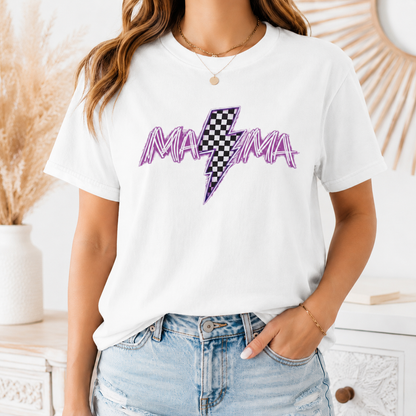 Mama Lightning Bolt T-Shirt — Retro Pink Script Checkerboard Bolt