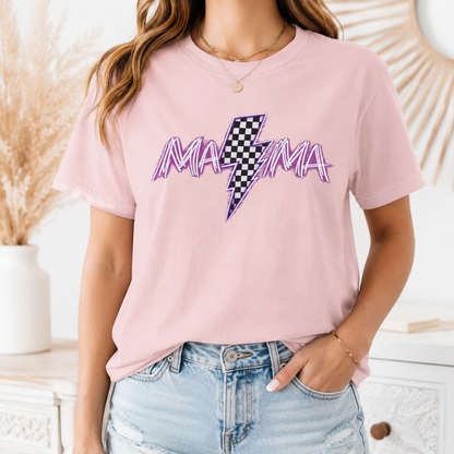Mama Lightning Bolt T-Shirt — Retro Pink Script Checkerboard Bolt