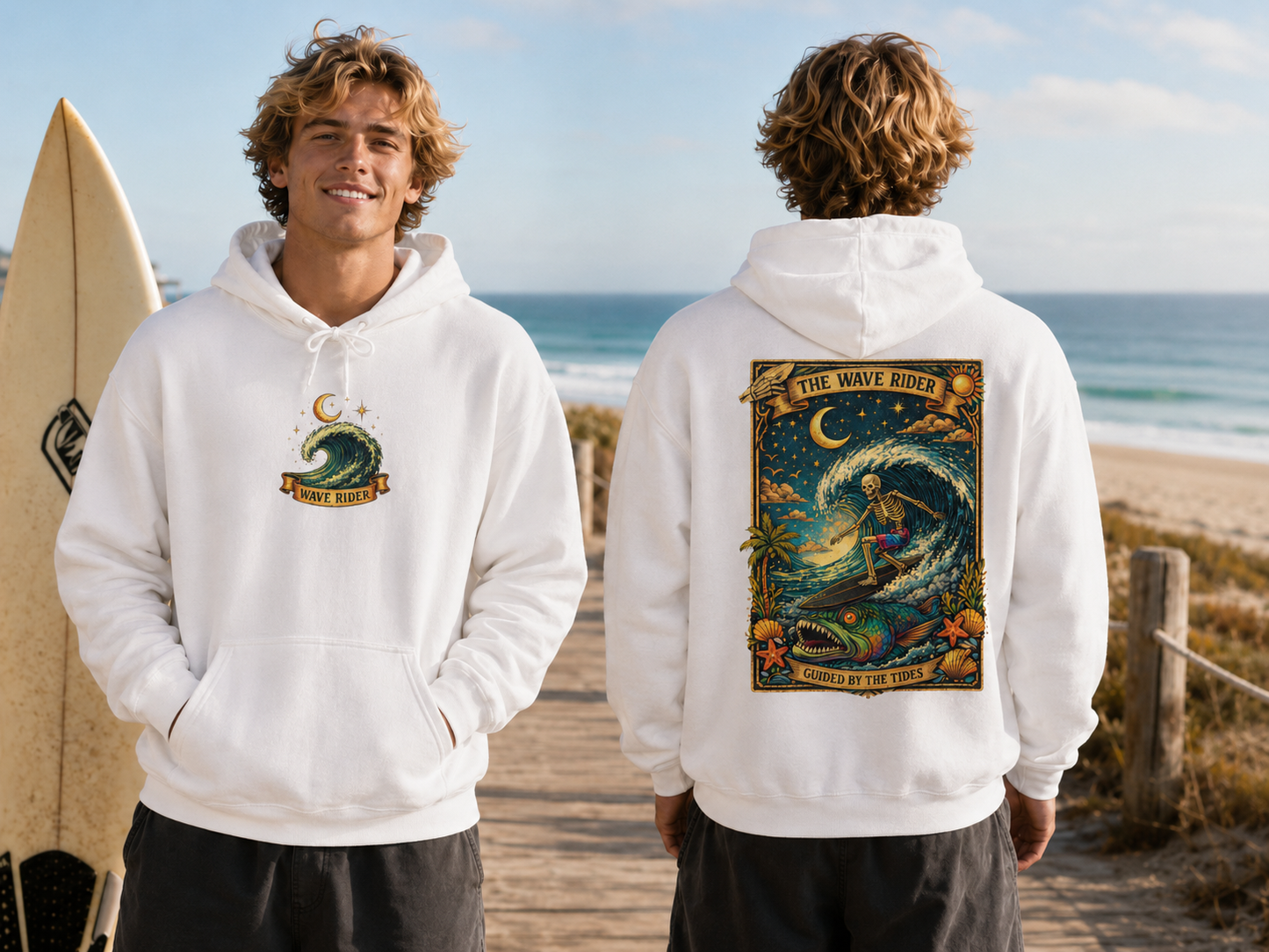 Tarot Surf Hoodie — The Wave Rider Skeleton Surfing Fish, Celestial Ocean Pullover