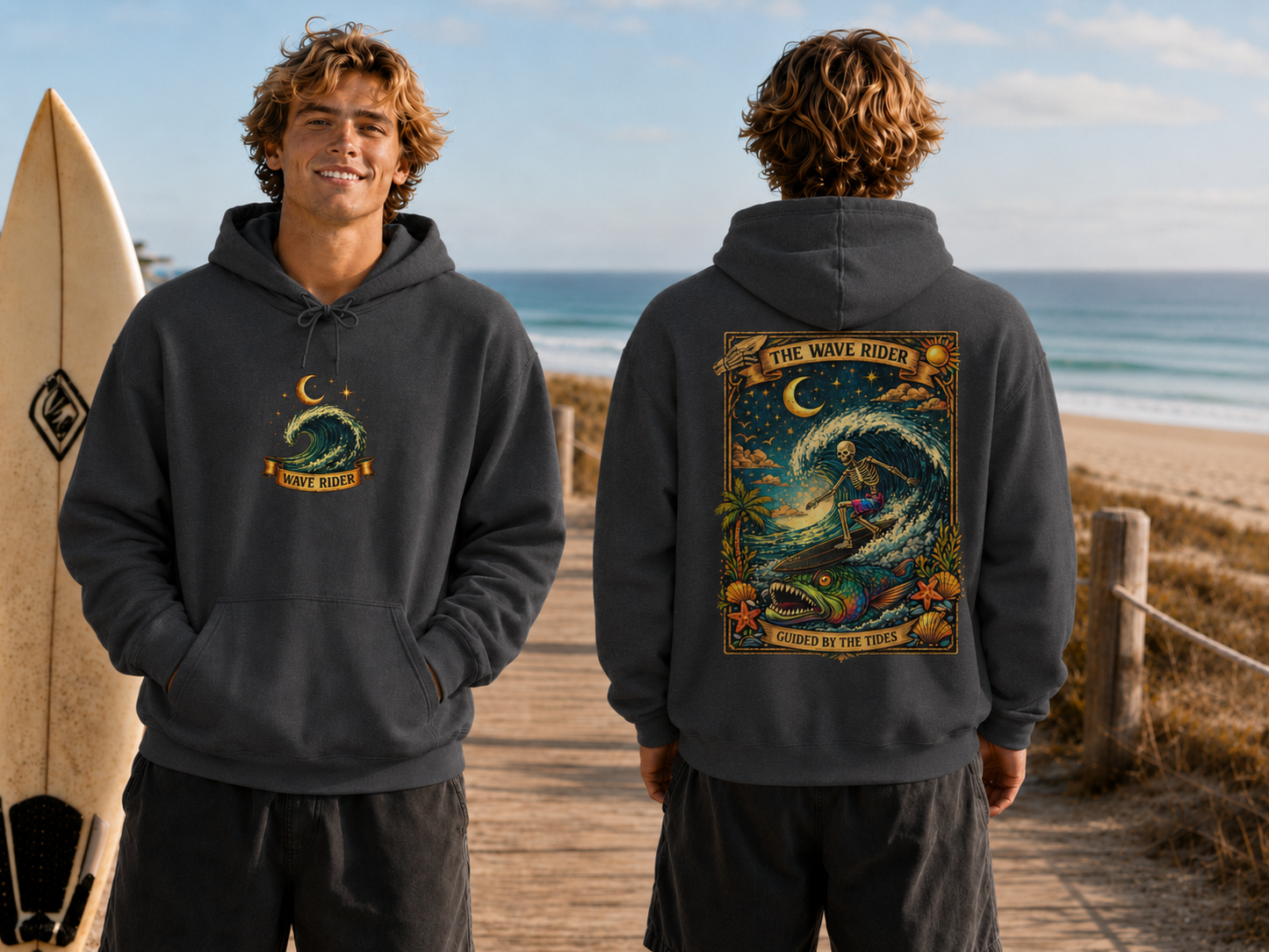 Tarot Surf Hoodie — The Wave Rider Skeleton Surfing Fish, Celestial Ocean Pullover