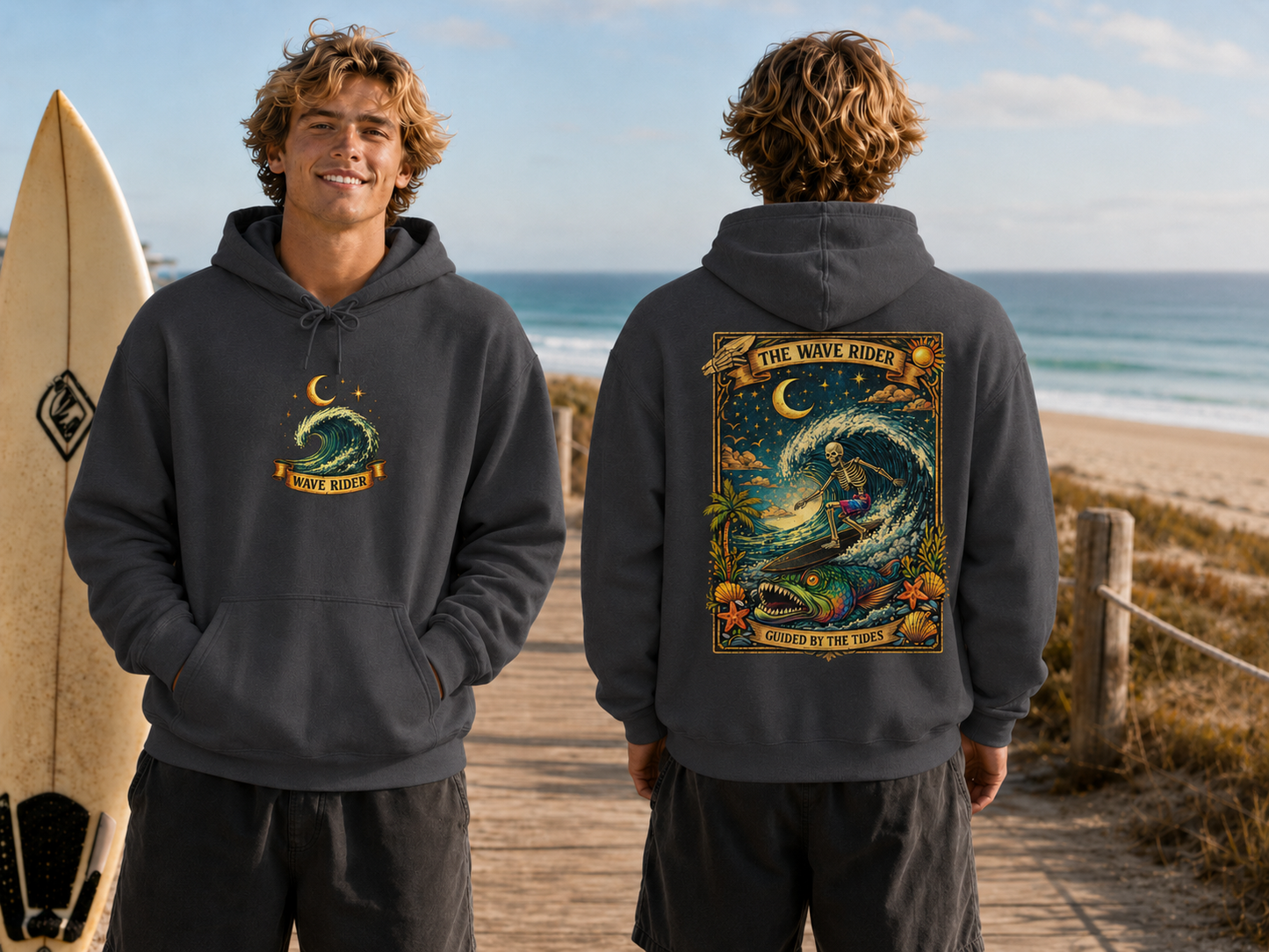 Tarot Surf Hoodie — The Wave Rider Skeleton Surfing Fish, Celestial Ocean Pullover