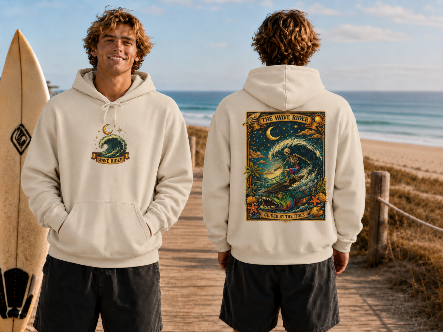 Tarot Surf Hoodie — The Wave Rider Skeleton Surfing Fish, Celestial Ocean Pullover