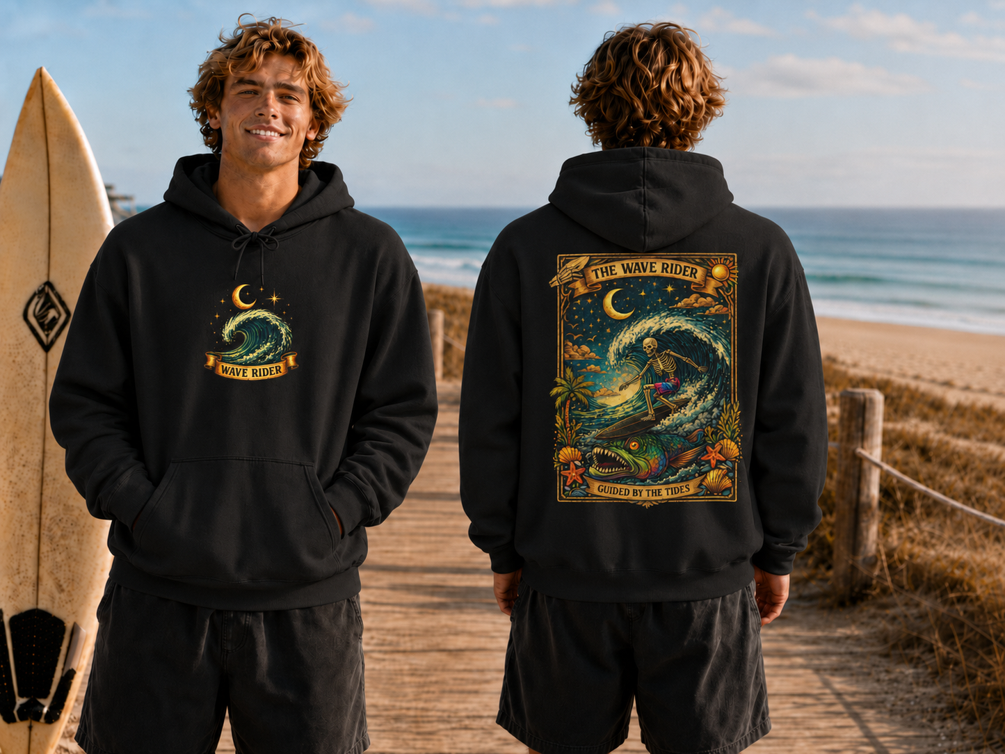 Tarot Surf Hoodie — The Wave Rider Skeleton Surfing Fish, Celestial Ocean Pullover