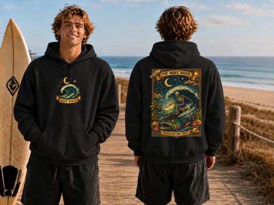 Tarot Surf Hoodie — The Wave Rider Skeleton Surfing Fish, Celestial Ocean Pullover