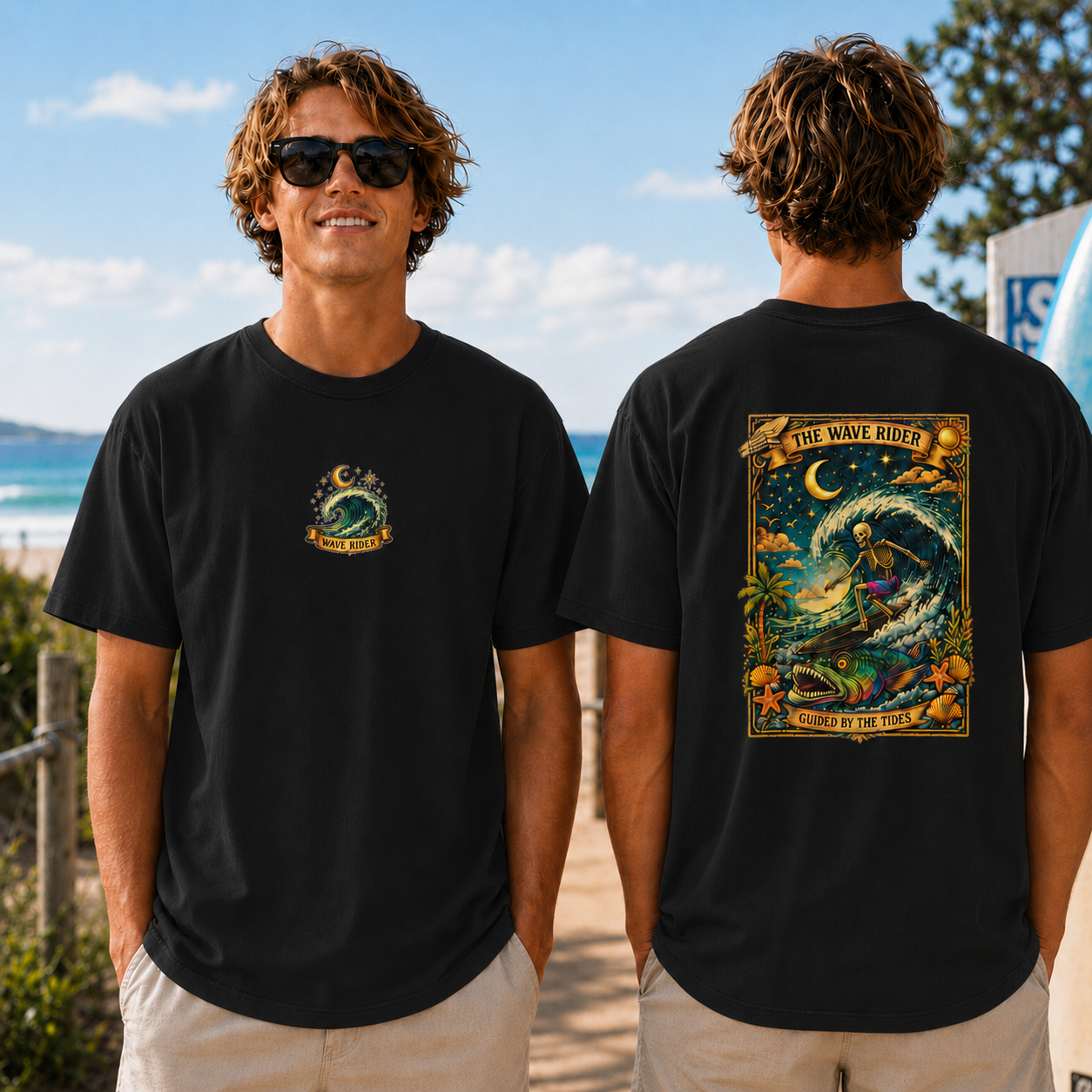 Wave Rider Surf Skeleton Tee — Retro Night Surf Graphic T-Shirt