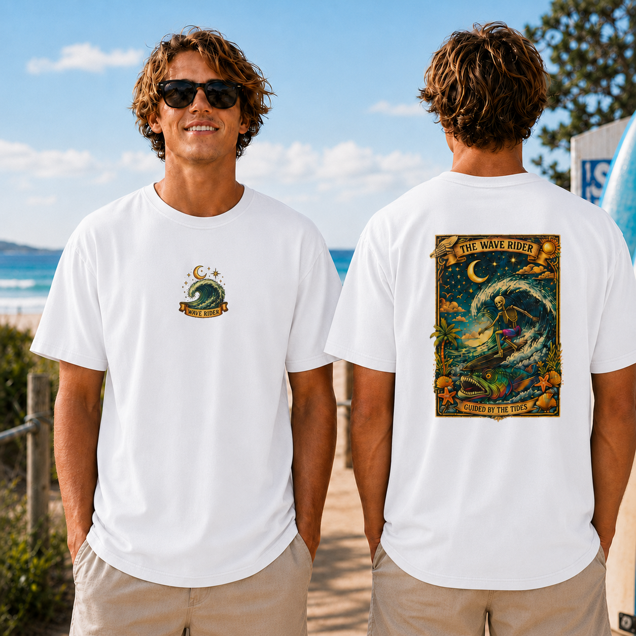 Wave Rider Surf Skeleton Tee — Retro Night Surf Graphic T-Shirt