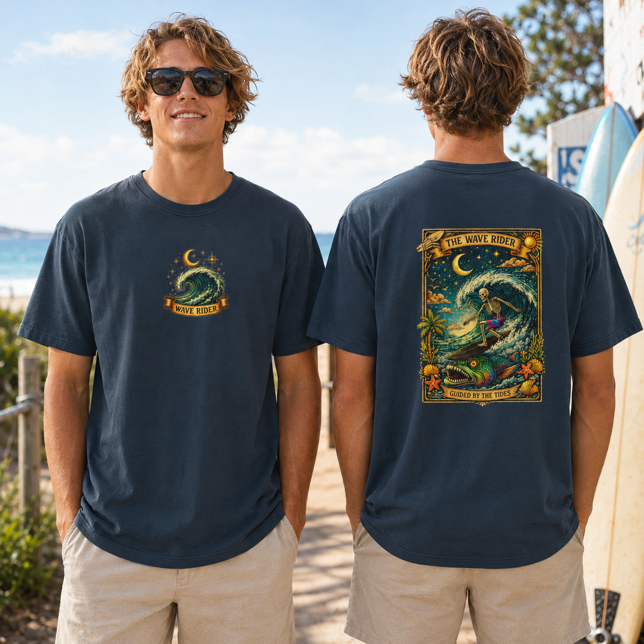 Wave Rider Surf Skeleton Tee — Retro Night Surf Graphic T-Shirt