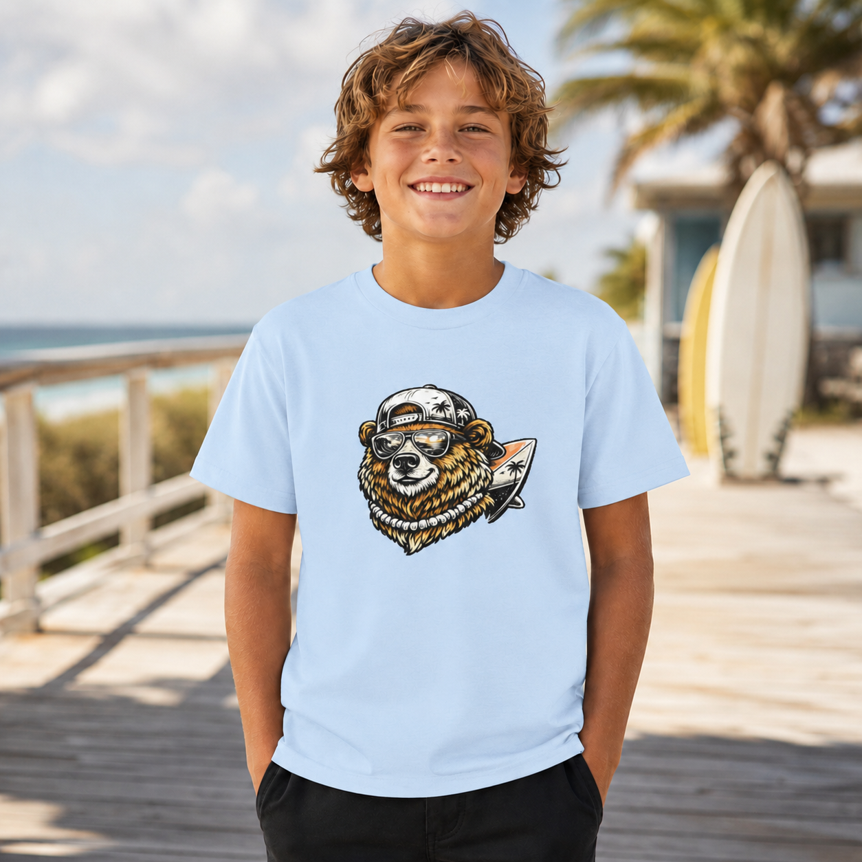 Surfing Bear Youth T-Shirt — Cute Surfing Bear Graphic Tee for Kids