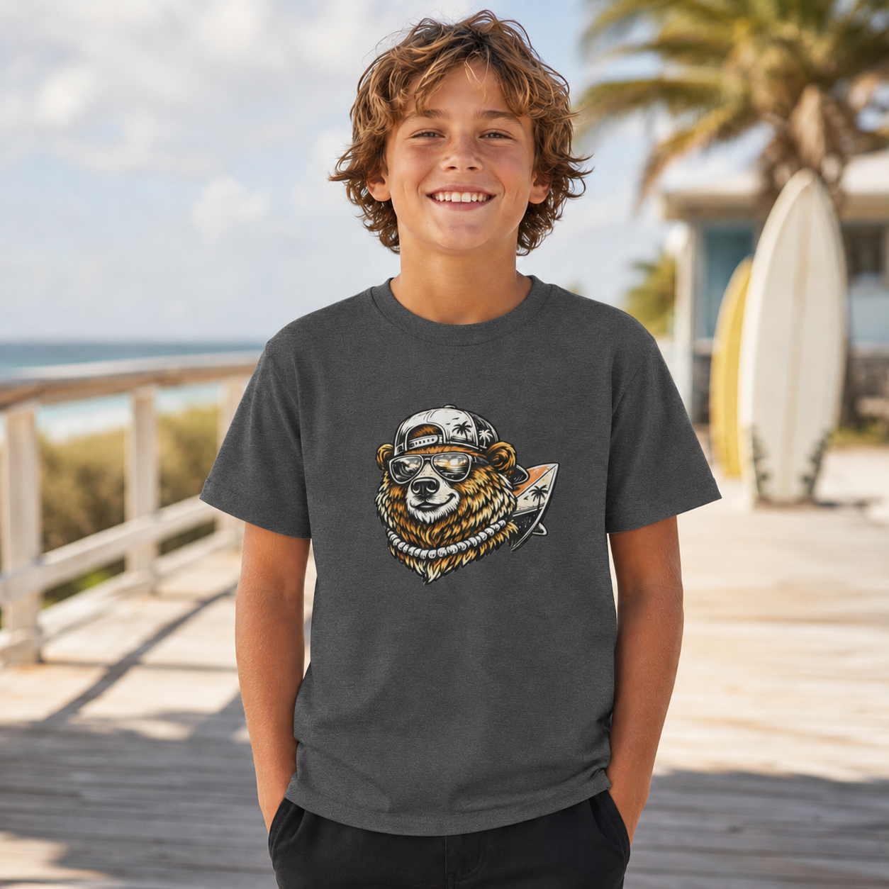 Surfing Bear Youth T-Shirt — Cute Surfing Bear Graphic Tee for Kids
