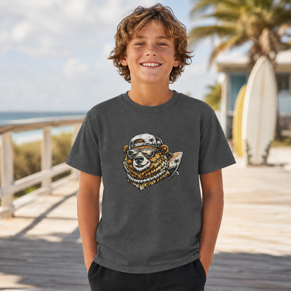Surfing Bear Youth T-Shirt — Cute Surfing Bear Graphic Tee for Kids