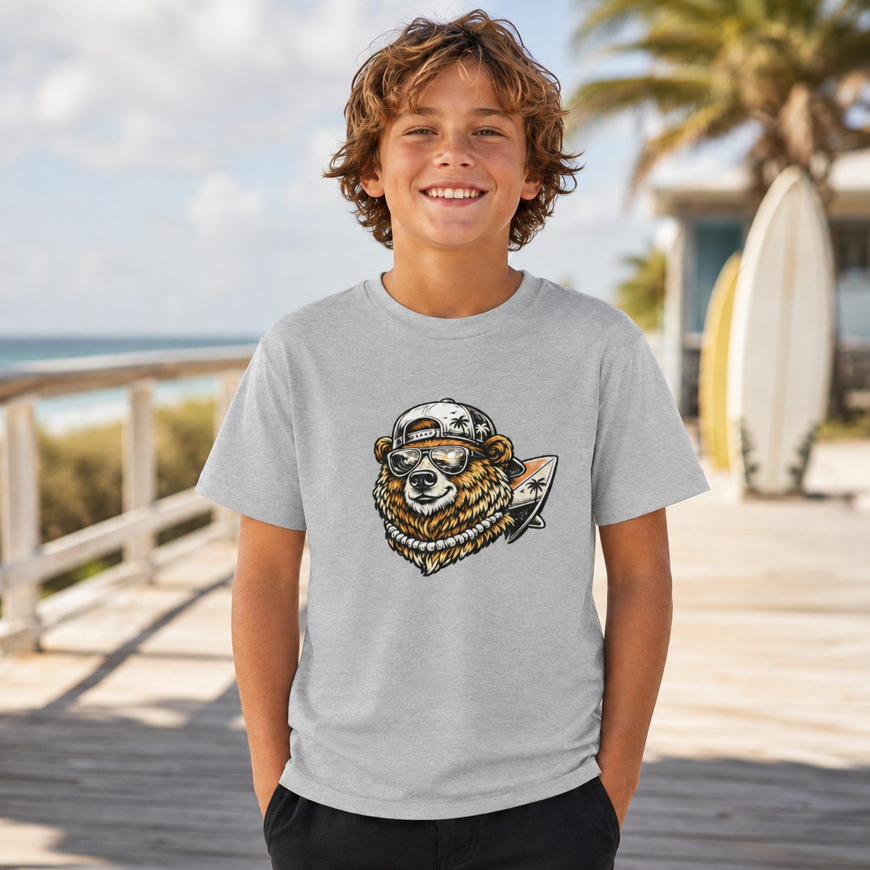 Surfing Bear Youth T-Shirt — Cute Surfing Bear Graphic Tee for Kids